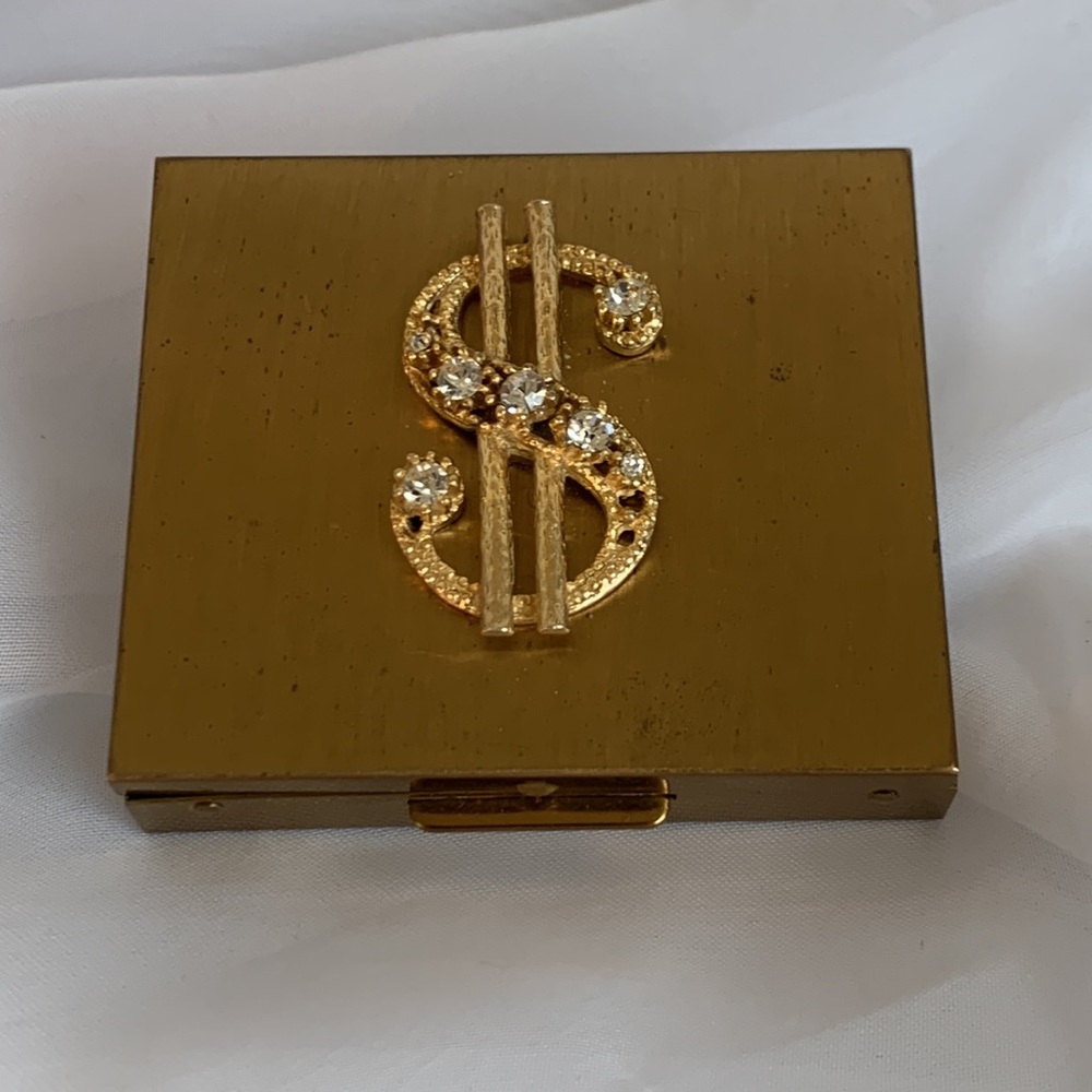 Vintage metal and bling money stash box holder with mirror goldtone 1950’s?